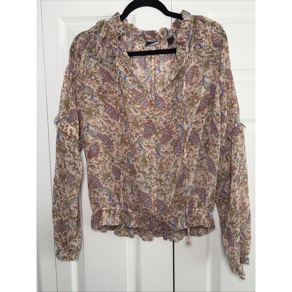 Daytrip Peacock Floral Blouse Womens L Tan Boho Ruffle Chiffon Top